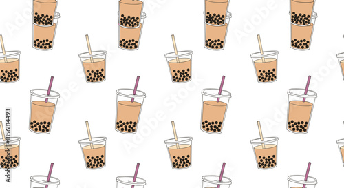 Fun and trendy seamless pattern of hand-drawn bubble tea or boba tea cups with straws scattered randomly across a clean white background.