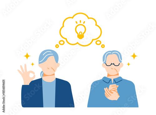 シニア世代の男性と女性が閃いている表情のイラスト。フラットデザイン。