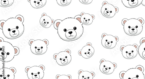 Adorable seamless pattern featuring cute, hand-drawn polar bear faces of various sizes scattered across a clean and simple white background for a charming design.