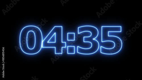 neon 5 minute countdown animation from 300 seconds to 0 seconds on a transparent background, Neon five minute countdown timer with alpha channel