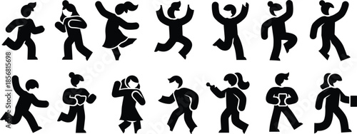 Diverse group of black silhouette figures in various active poses on white background people silhouettes