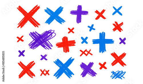Hand drawn red, blue, and purple crosses and Xs scattered on a white background