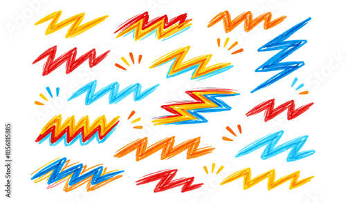 Hand-drawn zigzag lightning bolt shapes in vibrant crayon colors on white background