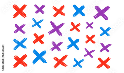 Hand-drawn X marks in red, blue, and purple scattered across a white background