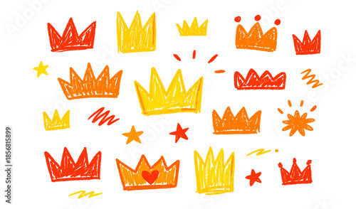 Hand-drawn crowns and stars in vibrant crayon textures on a white background