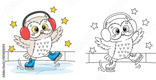 Cute owl ice skating wearing earmuffs under stars, vector cartoon illustration with black and white coloring book outline.