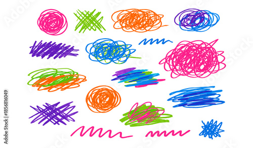 Collection of colorful scribbles and doodles on a white background