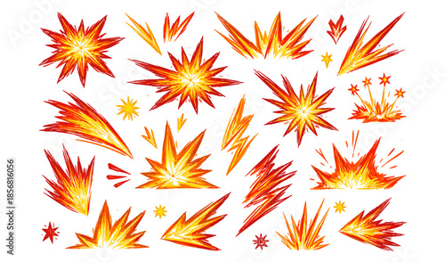Collection of hand-drawn explosion and burst effects in vibrant red and yellow colors