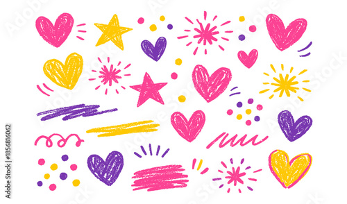 Hand-drawn crayon style hearts and stars with colorful doodles on a white background