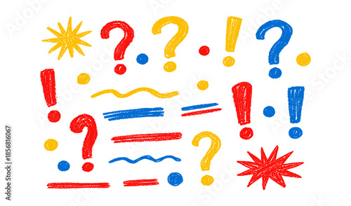 Collection of hand-drawn punctuation marks and decorative elements in bright primary colors