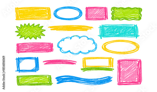 Collection of colorful hand-drawn crayon shapes and frames on a white background