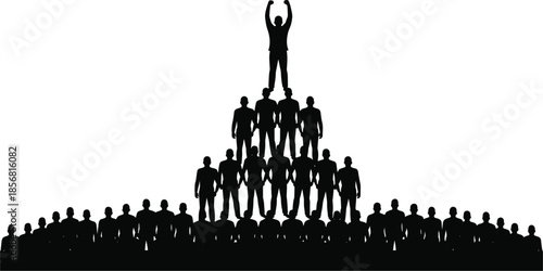 Human pyramid formation with a leader at the top against white background people silhouettes