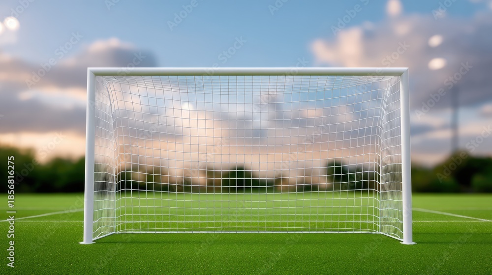Fototapeta premium Empty Soccer Goal on a Beautiful Field Under Dramatic Sky with Soft Clouds and Vibrant Grass Ready for a Match or Practice Session