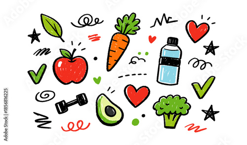 Healthy lifestyle doodles with fruits, vegetables, water bottle, and dumbbell