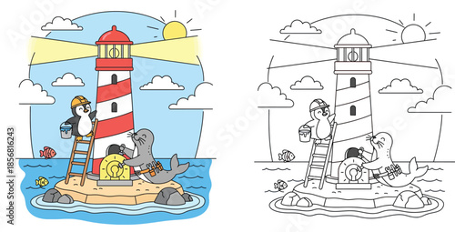 Cute Cartoon Penguin and Seal Working Together to Maintain a Colorful Lighthouse on a Sunny Island, Nautical Theme Illustration for Kids and Educational Projects