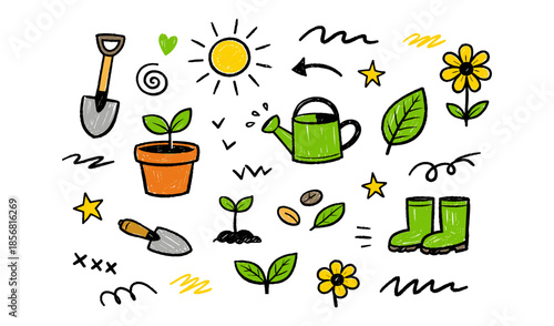 Cute hand-drawn gardening elements including plants, tools, and sun