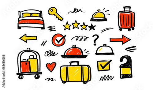 Collection of hand-drawn hotel service icons and symbols on a white background