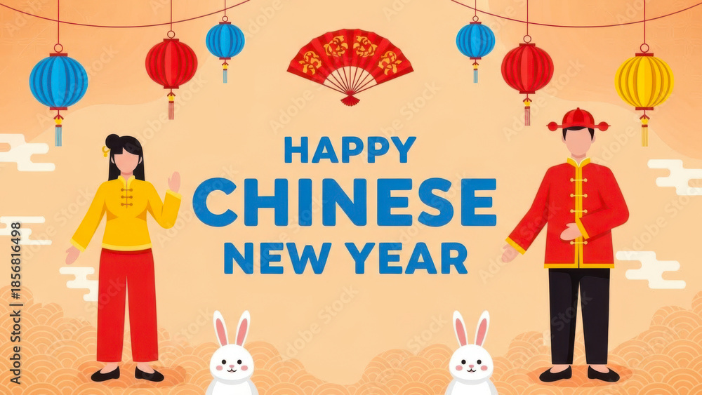 Obraz premium Happy chinese new year celebration with traditional clothing and lanterns