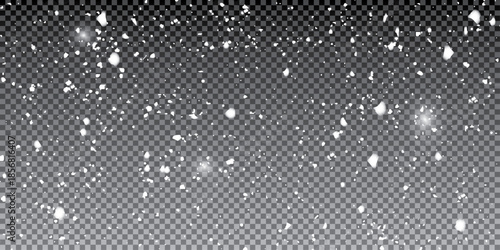 Real snowfall over transparent background. Abstract snowy white particles falling for winter weather overlay or cold snowfall background. Heavy snow storm.