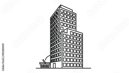 Simple black and white line drawing of a tall modern office building with rectangular windows