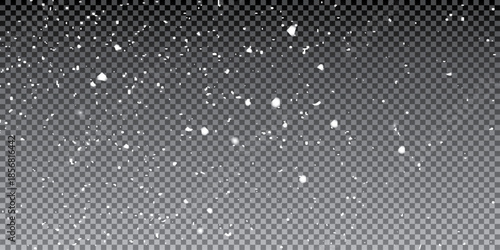 Real snowfall over transparent background. Abstract snowy white particles falling for winter weather overlay or cold snowfall background. Heavy snow storm.