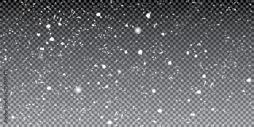 Falling snowflakes out of focus on transparent background for overlay blending mode. Snowing, snowfall, selective focus