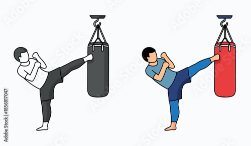 Illustration depicting two people practicing martial arts each kicking a punching bag with focused energy