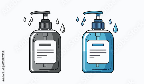 Illustration of two liquid soap dispensers one gray and one blue with water droplets high-quality