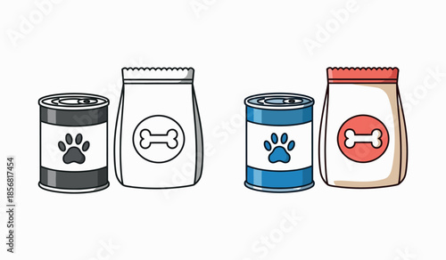 Illustration depicting various types of pet food containers including cans and bags for animals high-quality