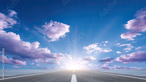 Wallpaper Mural Serene Open Road Leading towards Vibrant Horizon under Blue Sky and Fluffy Clouds Bathed in Warm Sunlight Torontodigital.ca