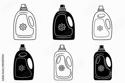 A collection of six black and white line art illustrations of detergent bottles in varying