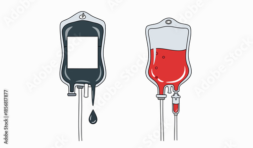 A visual representation of two intravenous bags one empty and one filled with red liquid