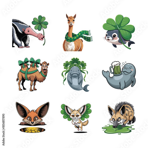 Adorable cartoon animals celebrating St Patricks Day with shamrocks and gold Keywords: anteater