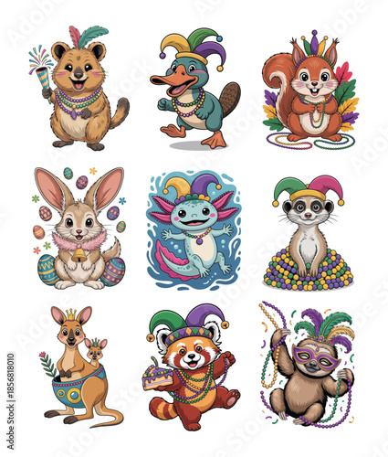 Playful cartoon animals celebrating Easter and Mardi Gras with eggs and beads Keywords: quokka