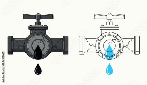 Detailed illustration of two industrial water valves one with black and one with blue drips