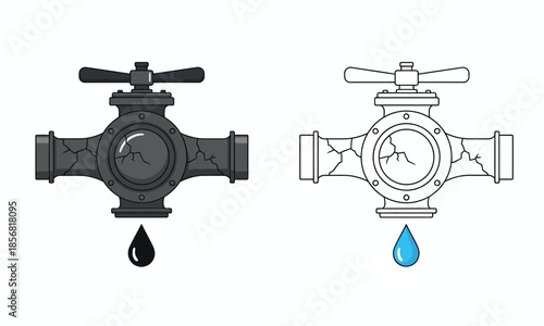 A detailed comparison of two water valves one black and one white with dripping water
