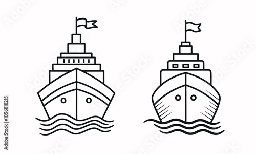 Simple line art illustration depicting two ships sailing on wavy water with flags flying high-quality