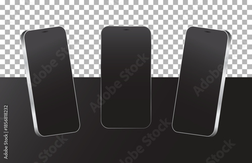 Realistic models smartphone with transparent screens. Smartphone mockup collection. 3D mobile phone on transparent background stock vector. Device front view. 