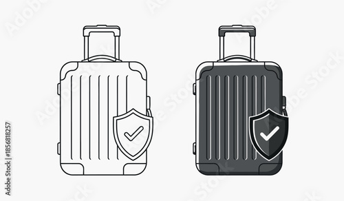 Two suitcase icons one white and one black both displaying a security shield symbol high-quality