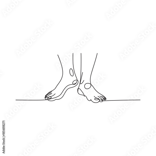 Minimalist line art depicting two bare feet connected by a single line