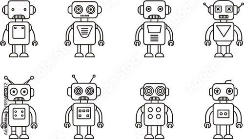 Retro Robot Character Icon Set Black Outline Vintage AI Bot Vector
