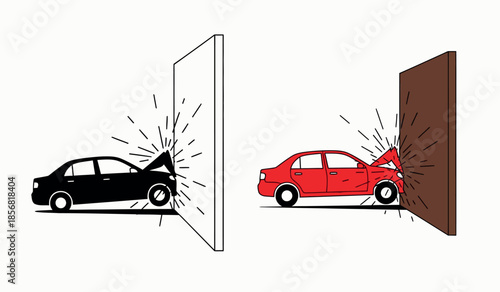 Illustration depicting two car crashes into barriers one black and one red showing impact damage