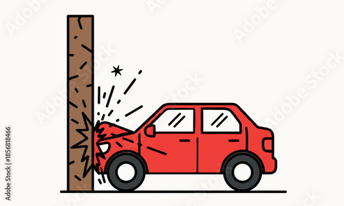 A red car has crashed head on into a wooden pole with impact sparks shown