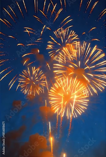Celestial Ignition: Golden Fireworks Bursting Over Midnight Sky