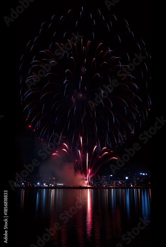 Midnight Radiance: Fireworks Burst Over Reflective Water Skyline