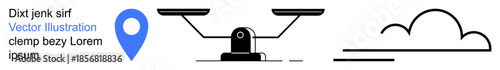 Mapping services, legal balance, nature, minimalism, analytics, user interfaces. Blue location pin, weighing scale cloud and line design. Mapping services and legal balance visual concepts