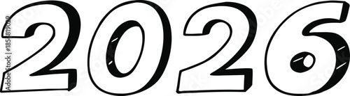 Bold Black Outline Numbers 2026 with Shading on White Background year new year