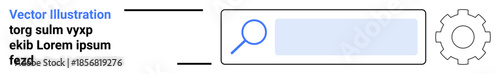 UX UI design, search functionality, online tools, web interface, technology concepts, user navigation. Magnifying glass and gear icon in a search bar interface. UX UI design and search functionality
