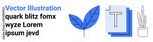 Graphic design, nature, typography, digital media, presentations, decor. Blue leaf icon, text blocks and potted plant. Graphic design and nature concepts