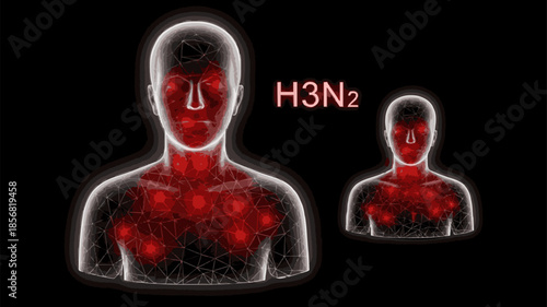 Digital illustration of two human figures with red glowing networks on their bodies and faces, representing H3N2 virus infection, against a black background.